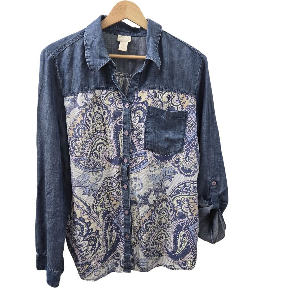 Chico's Indigo Paisley Shirt Womens 2 Large Button up Western Bohemian Casual